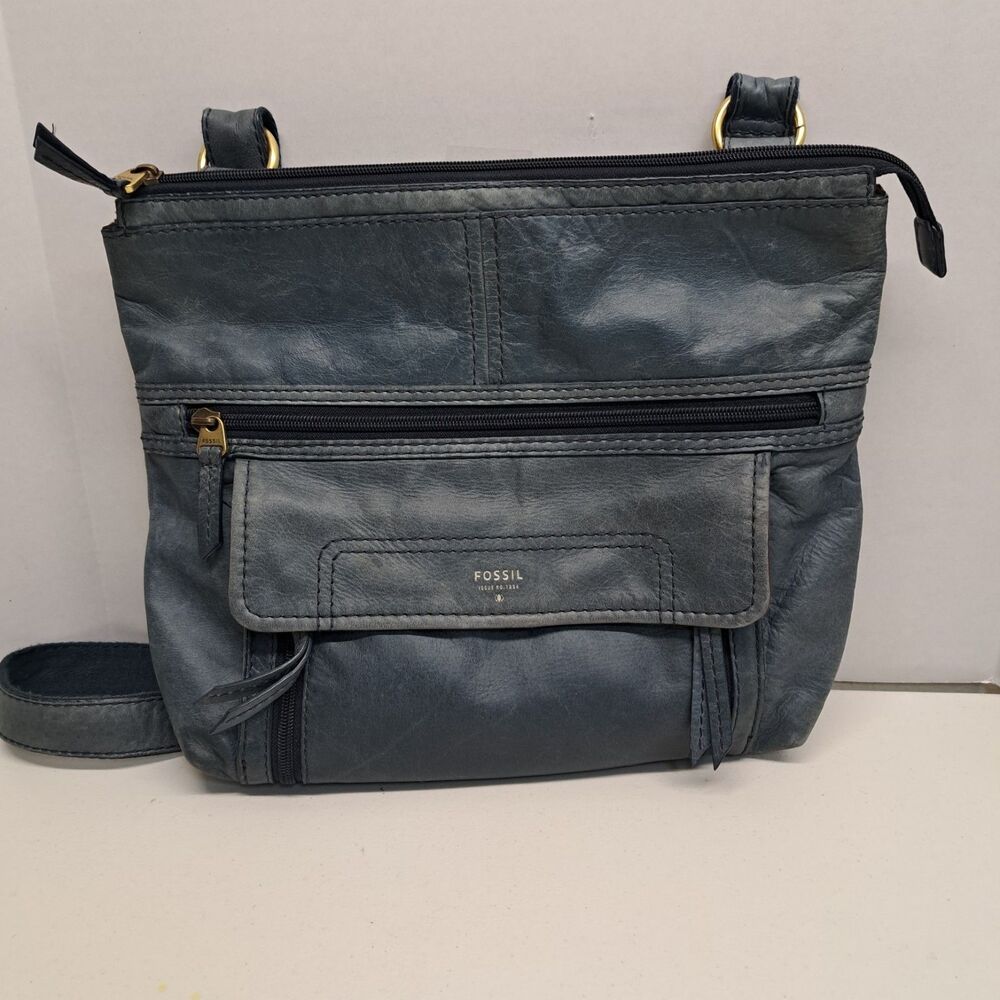 FOSSIL Leather Crossbody Handbag Blue Zipper Pockets Purse Bag